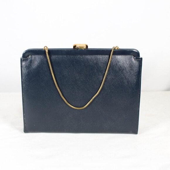 Vintage 1950s Navy Faux Leather Handbag with Art Deco Latch & Metal Chain - Picture 4 of 16